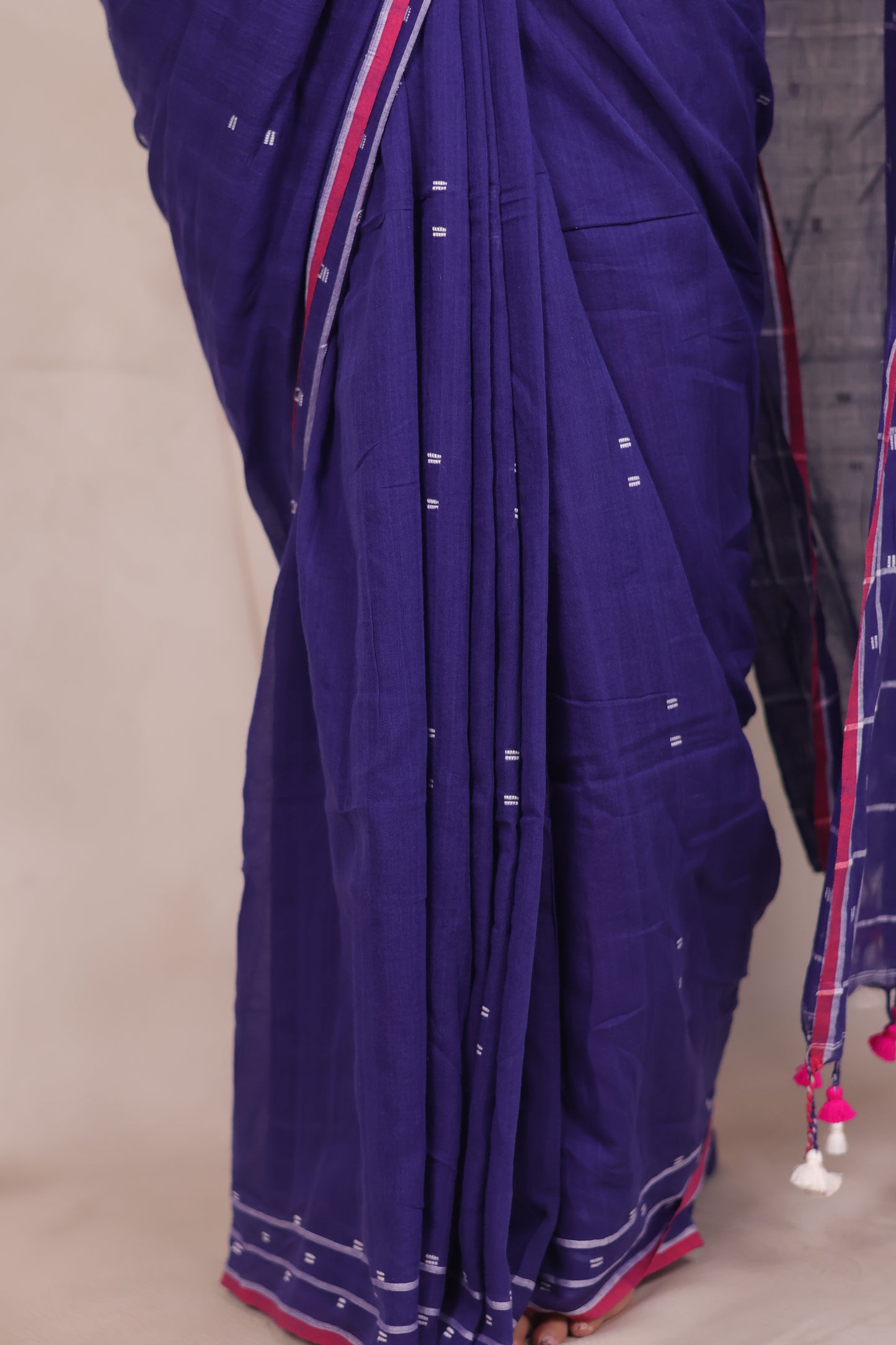 Blue Malai Cotton Saree with Butta Weaving | Looms & Tassels