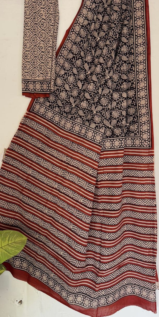Bagru Handblock printed MulMul cotton saree