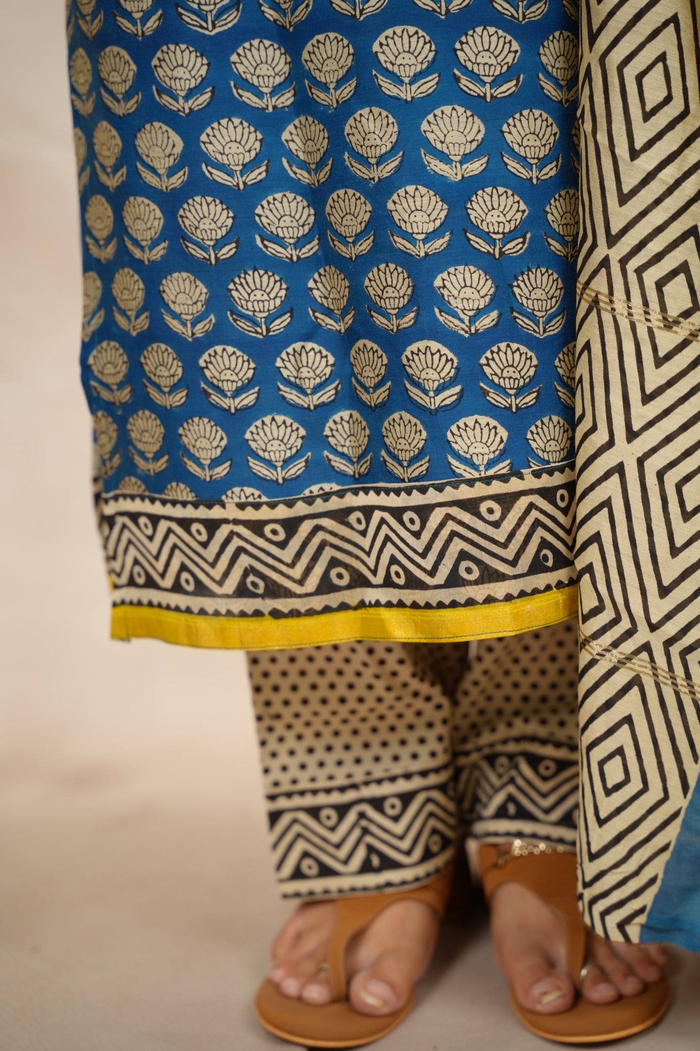 Blue Handblock printed Pure Chenderi Silk 3 piece suit (stitched) | Looms & Tassels