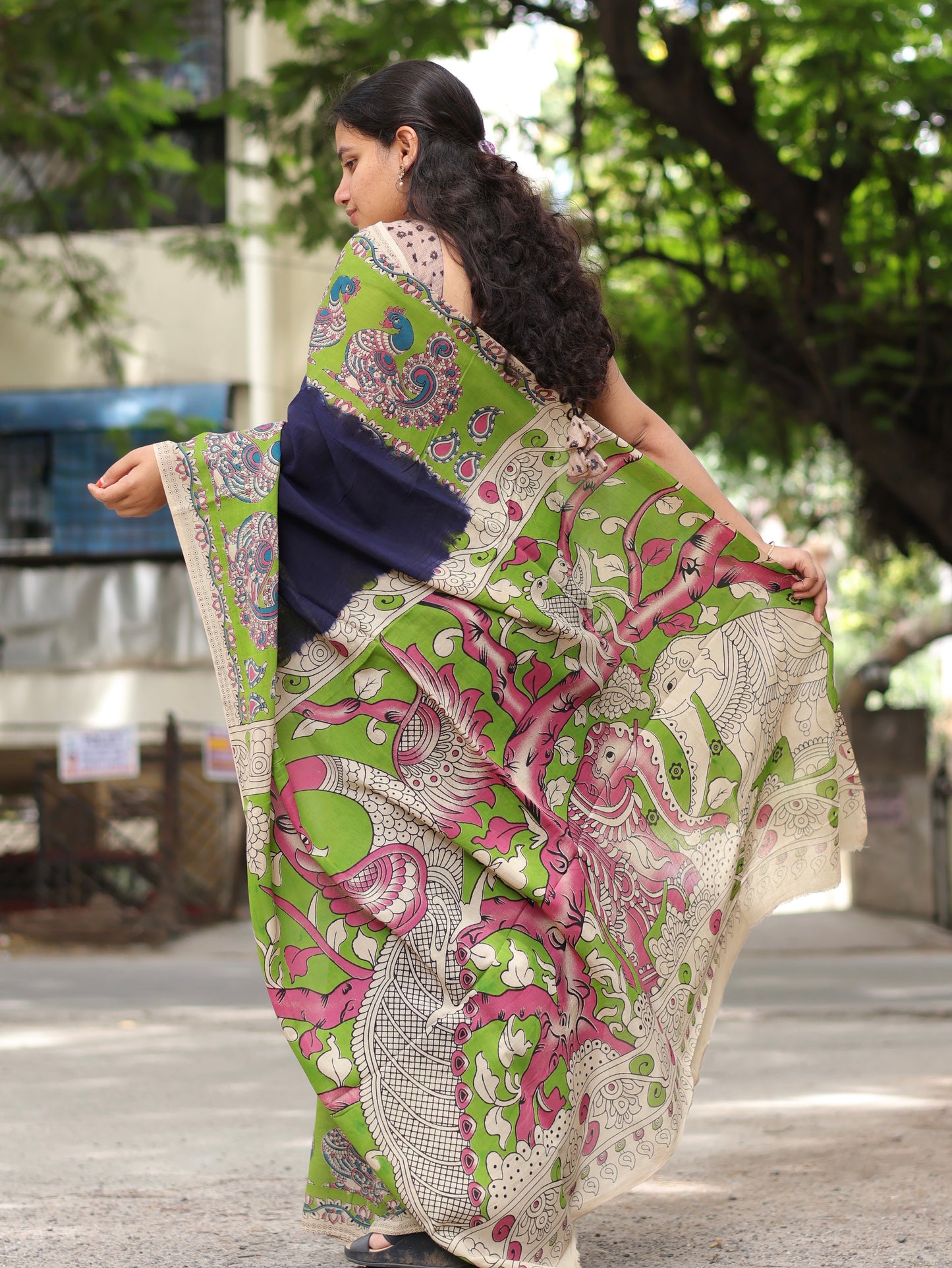 Blue & Green Kalamkari dyeing premium chennur silk saree
