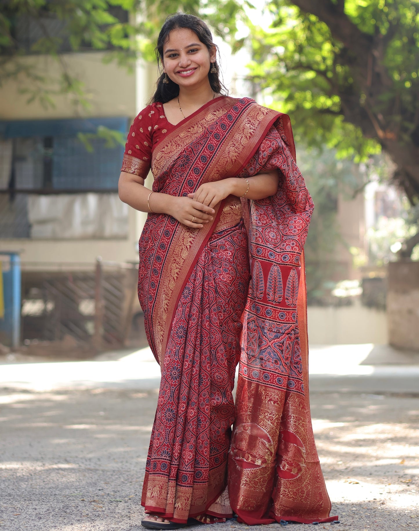 Maroon Traditional Ajrakh Dola Silk Saree