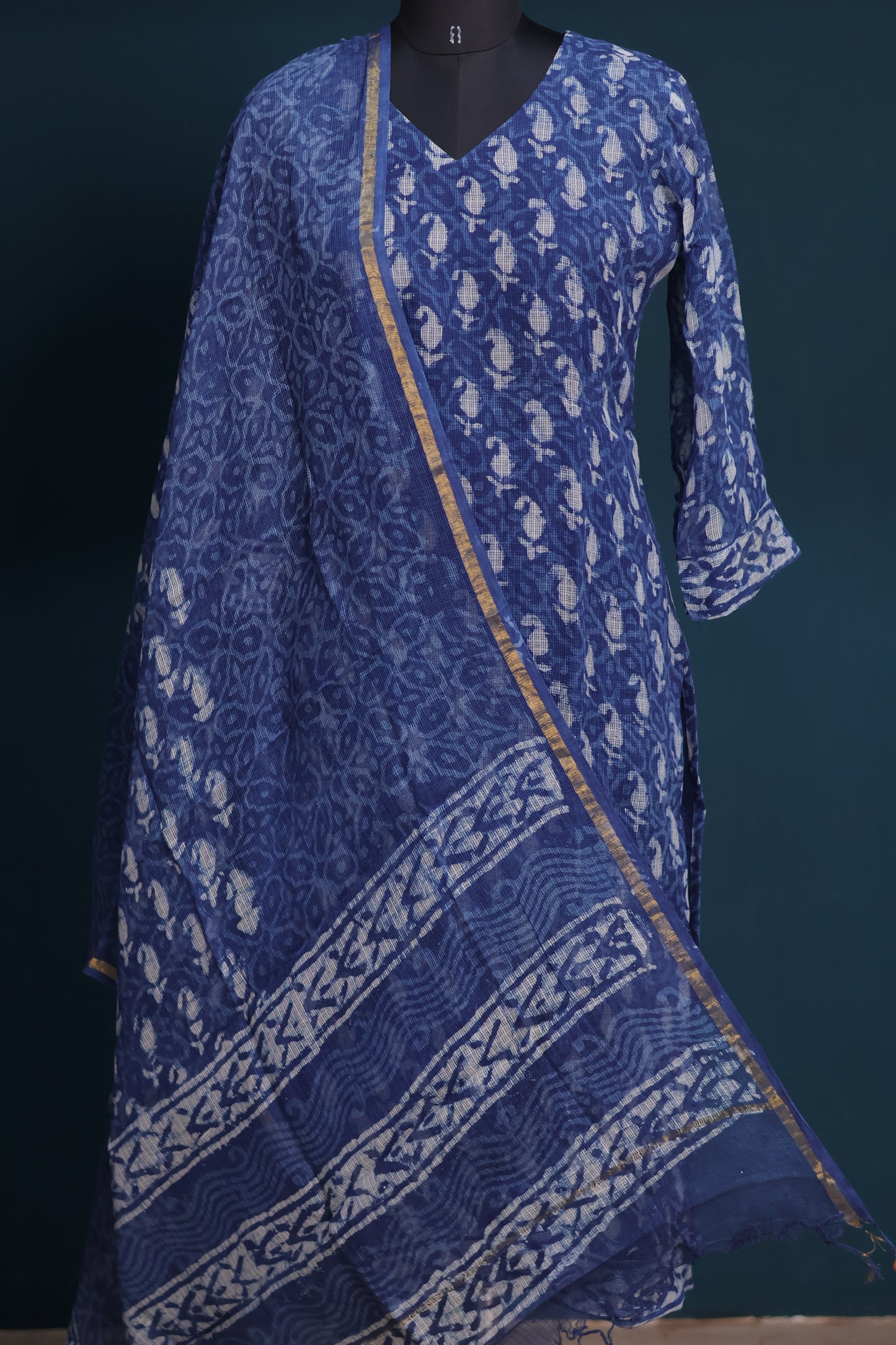 Indigo Handblock printed kota 3 piece suit (stitched)