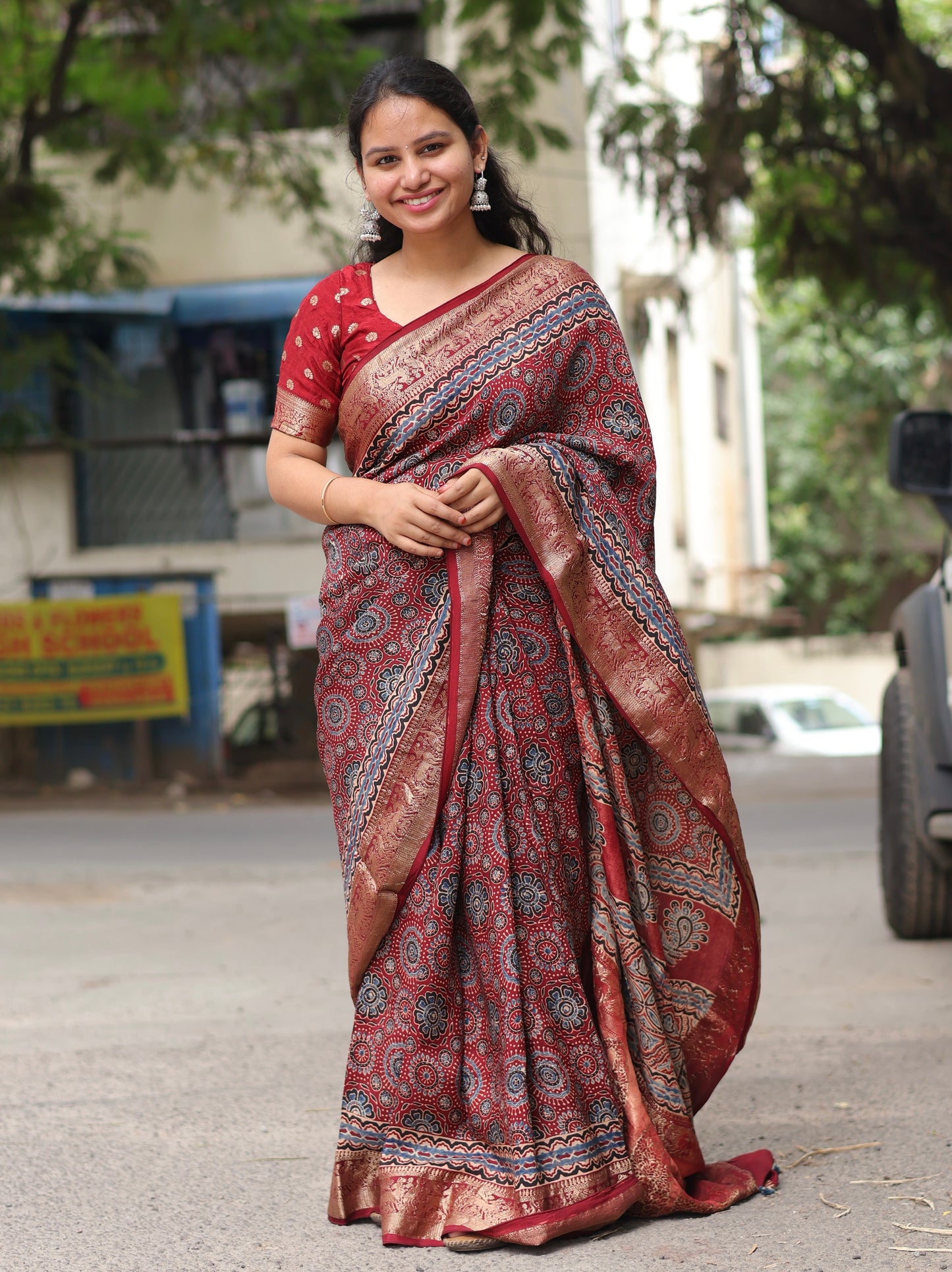 Traditional block printed Ajrakh Dola Silk Saree