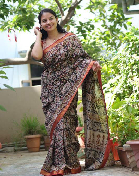 Black Hand Block Printed Kalamkari Nizam Border Silk Sare