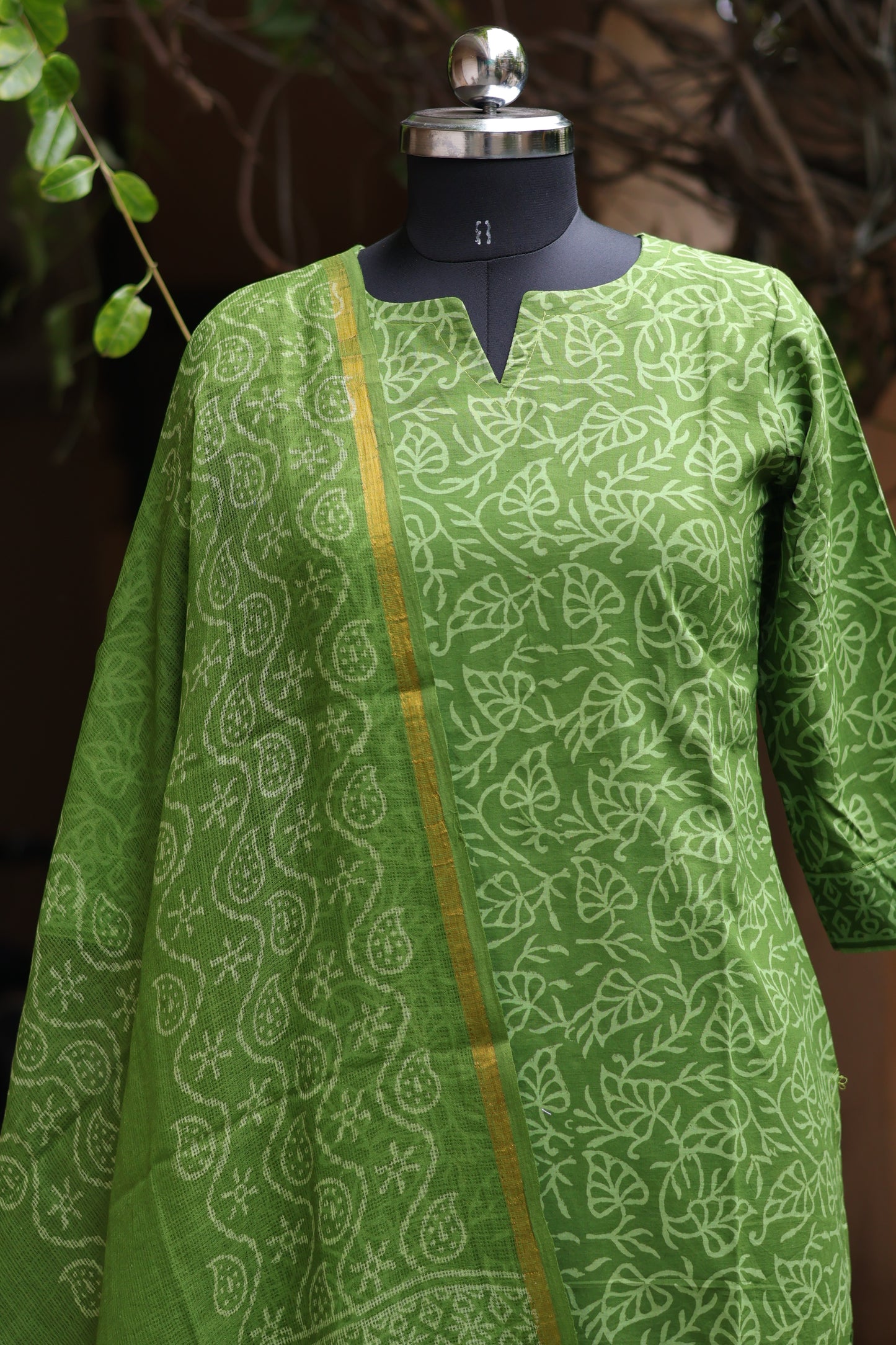 Green Handblock printed Pure Mul Cotton with Kota Doria Duppata 3 piece suit (stitched)