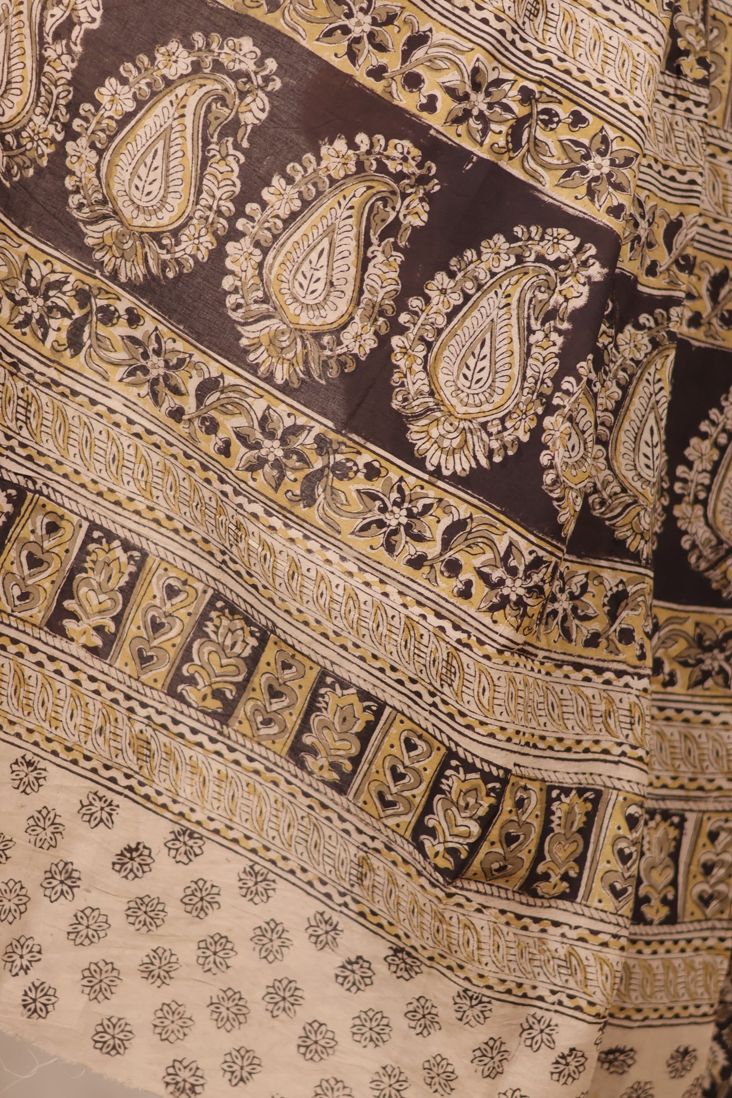 Black Hand Block Printed Kalamkari Cotton Saree | Looms & Tassels