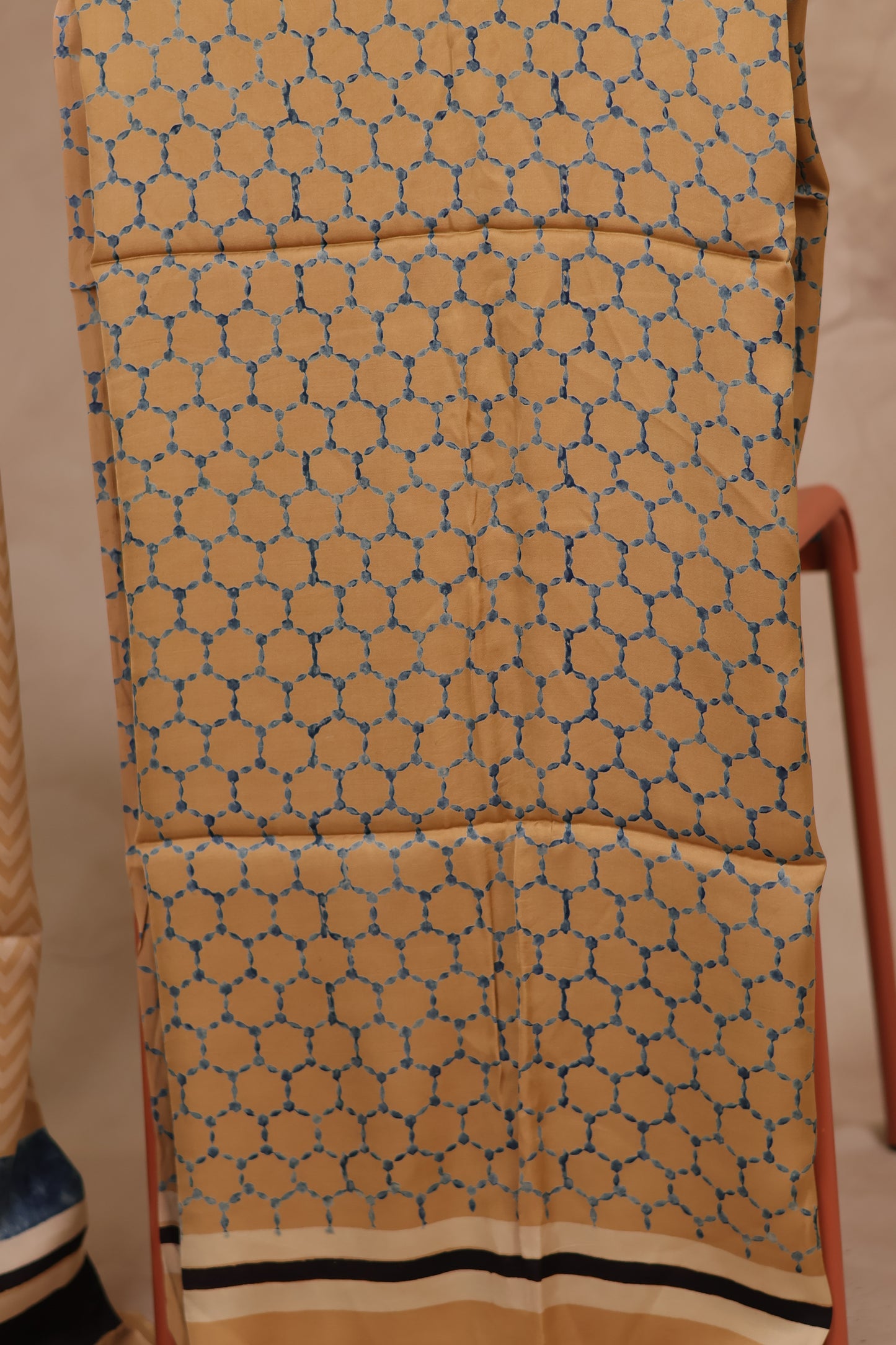 Cream Ajrakh Hand Block Printed Natural Dyed Modal Silk 2 Piece Suit Set | Looms & Tassels