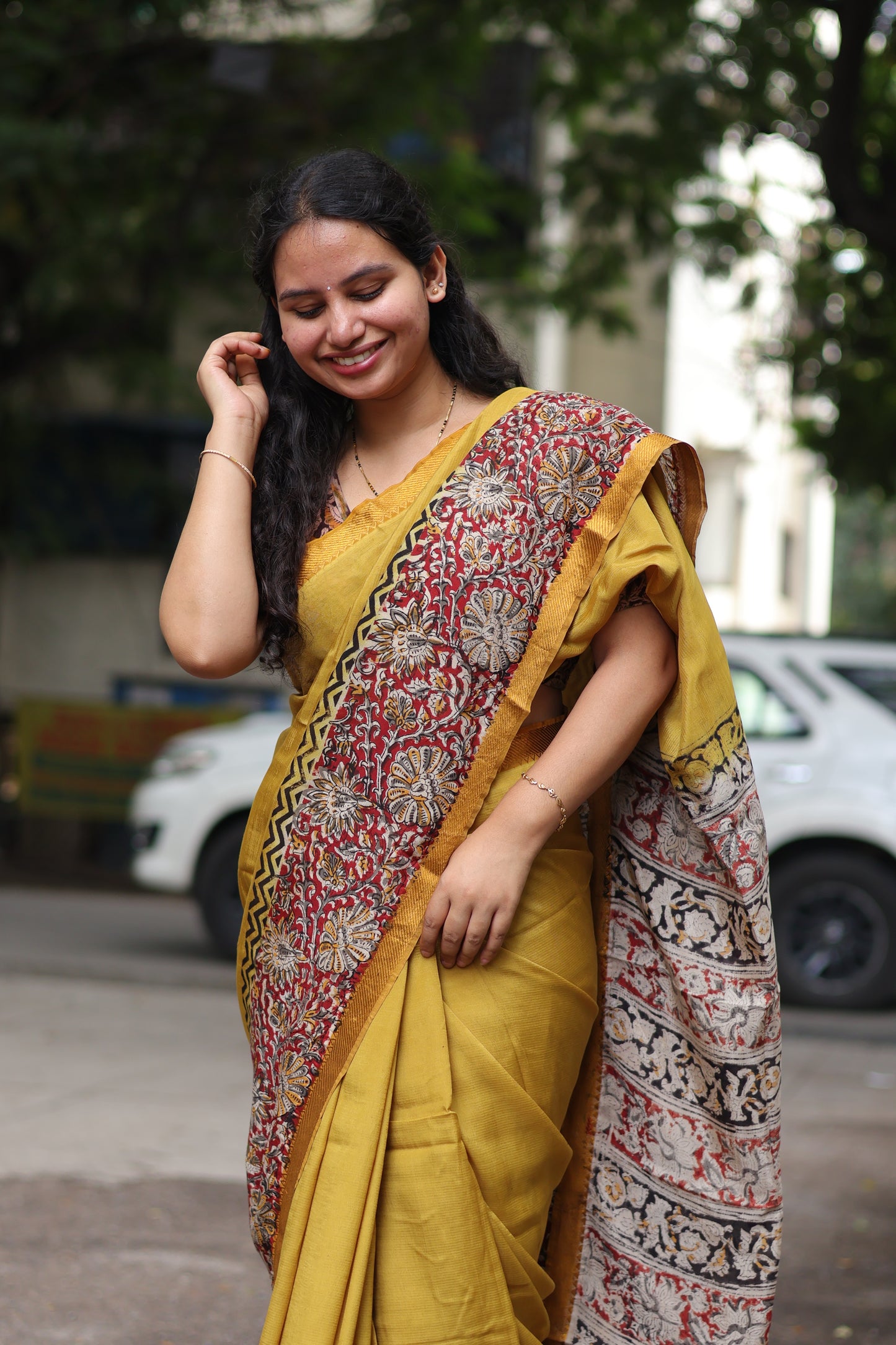 Golden Yellow Kalamkari dyeing premium chennur silk with hand block print saree