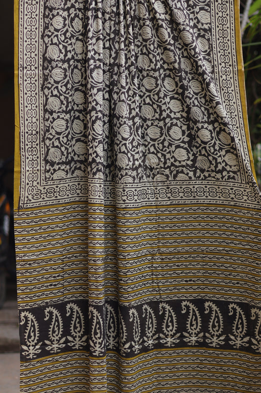 Black Bagru Handblock printed MulMul cotton saree