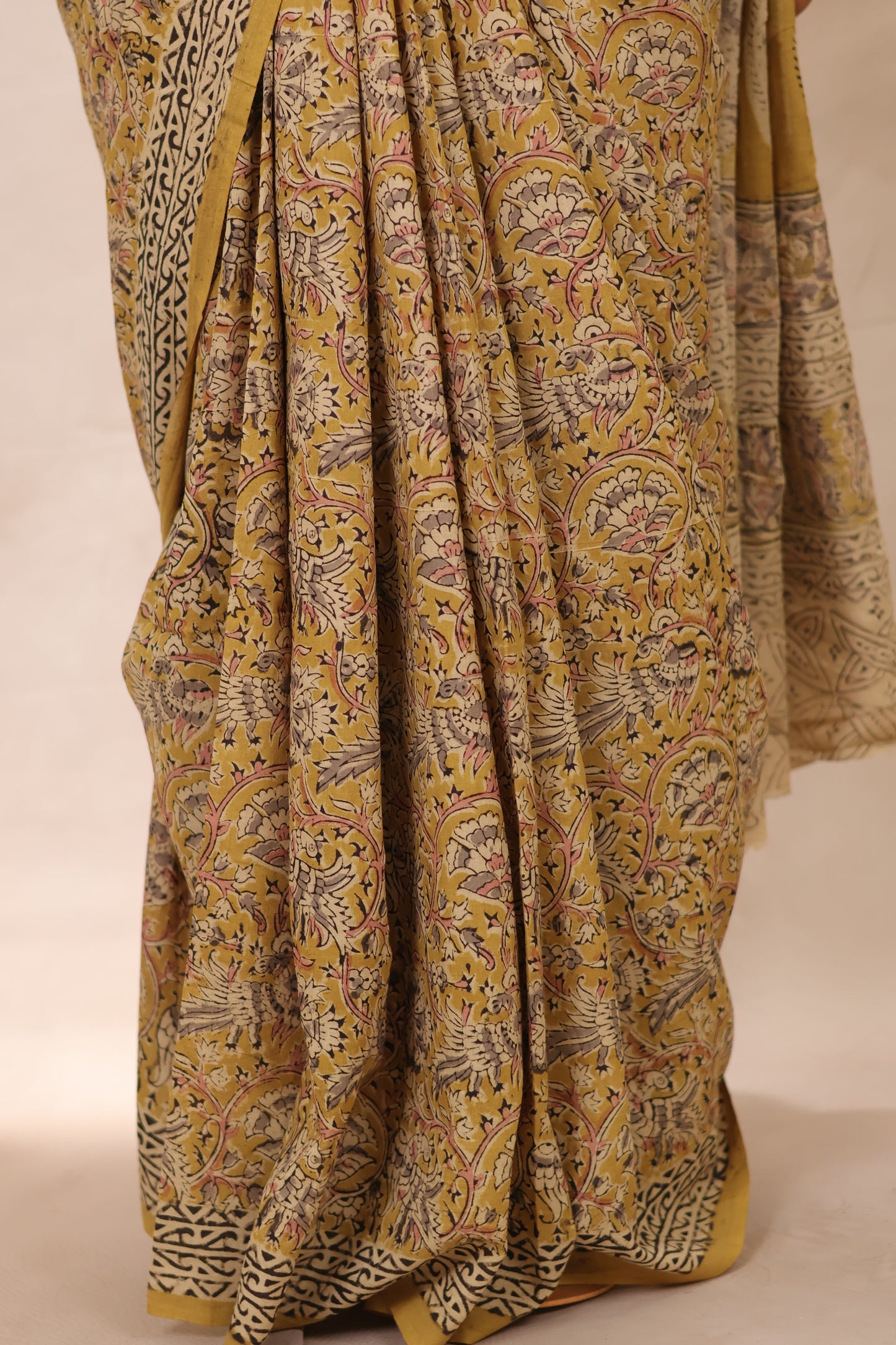 Mustard Hand Block Printed Kalamkari Cotton Saree | Looms & Tassels