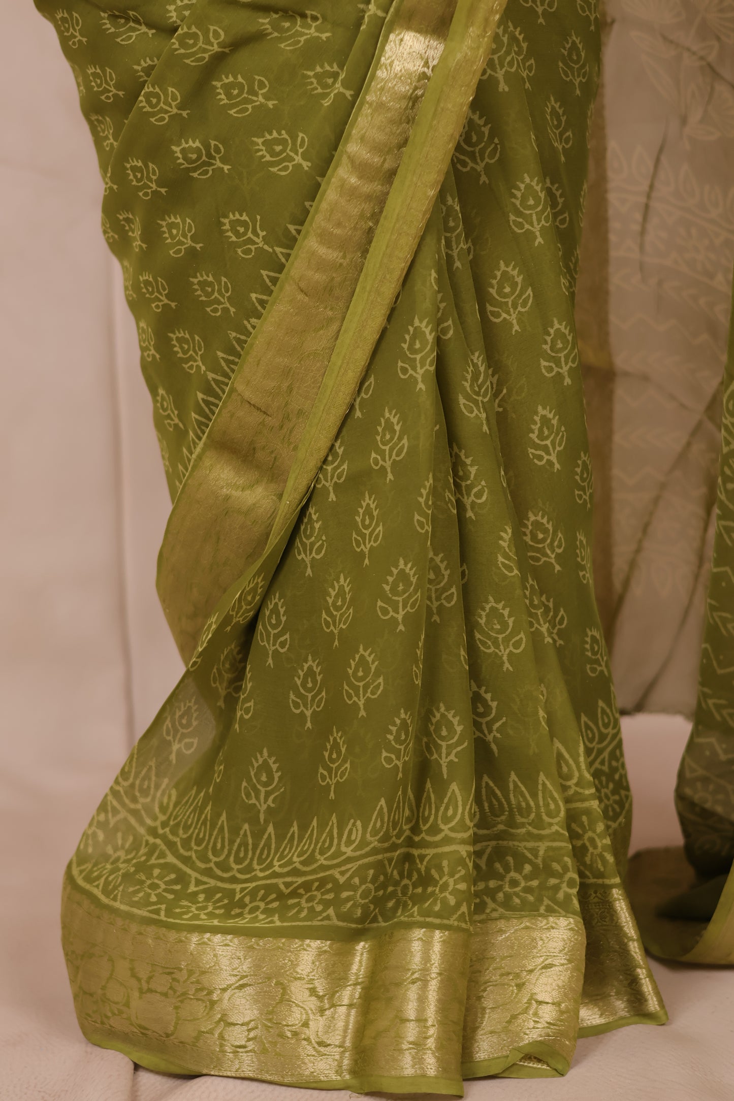 Green Chiffon Hand Block Printed Saree with Jari Border | Looms & Tassels