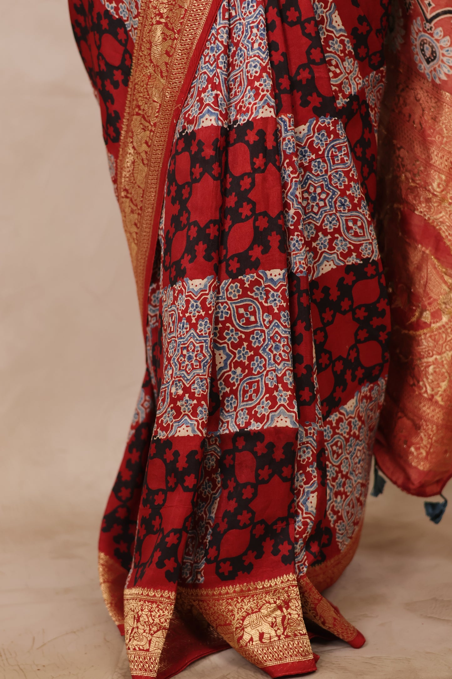 Red Ajrakh Handblock printed Dola Silk Saree | Looms & Tassels