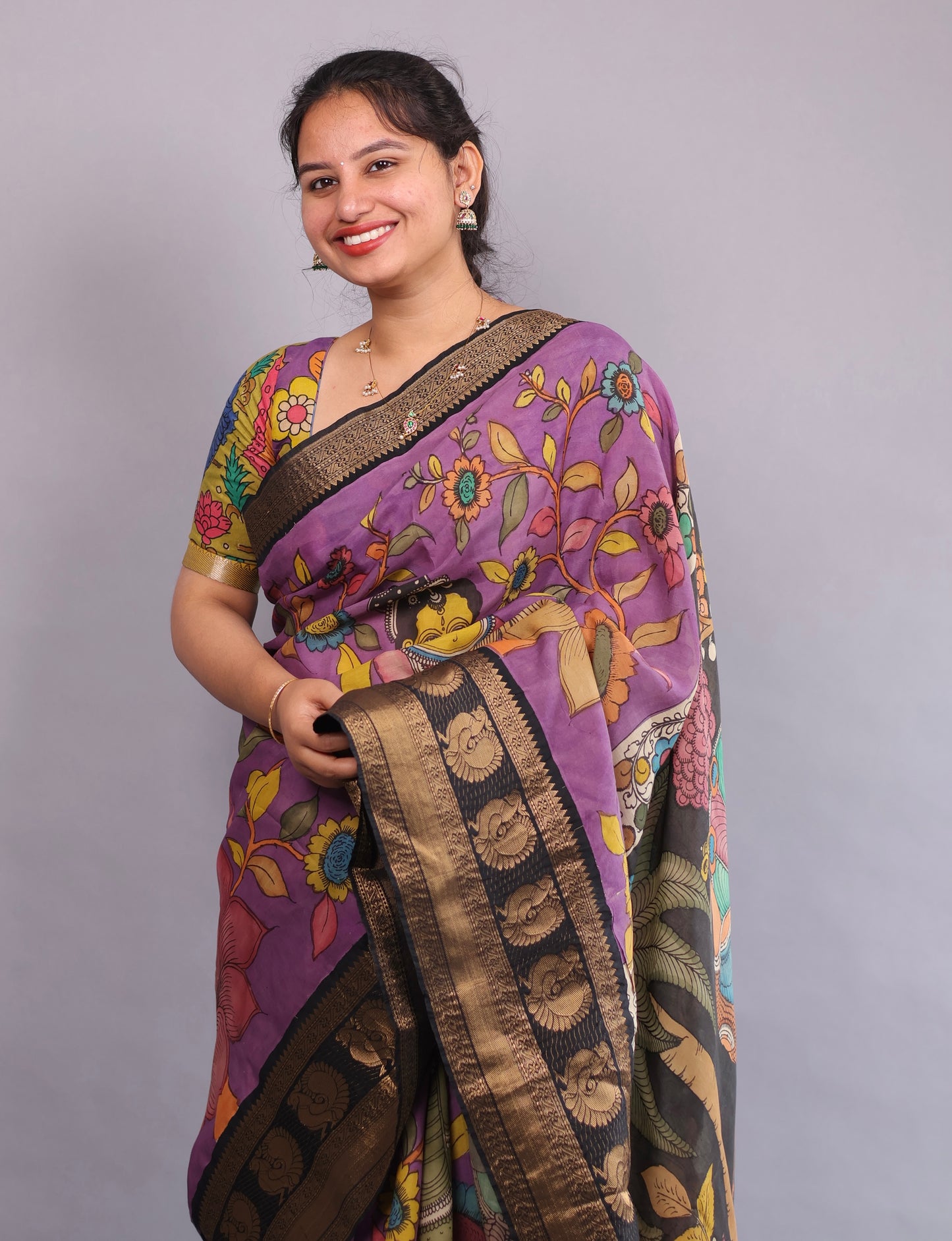Lavender Hand Painted Pen Kalamkari Silk Saree