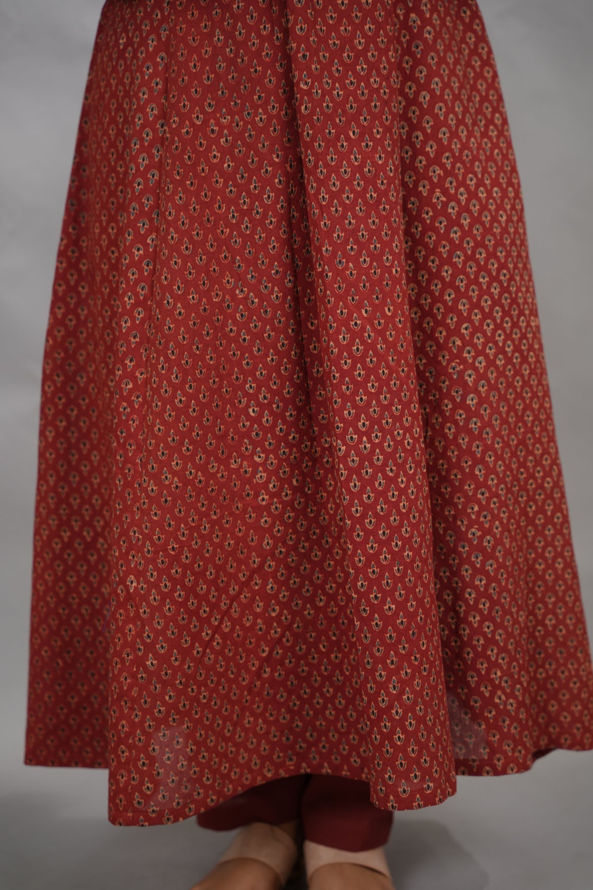 Rust Maroon Butti Ajrakh Cotton Kali Kurta | Looms & Tassels