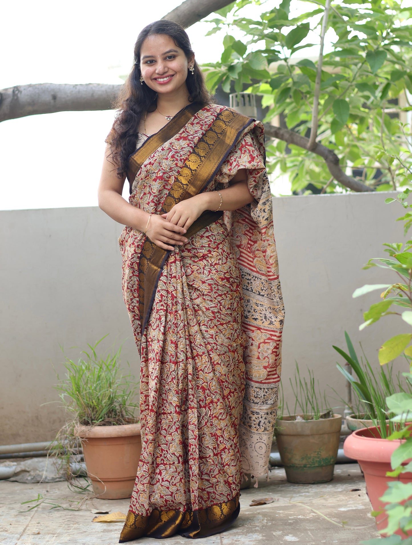 Red Hand Block Printed Kalamkari Kanchi Border Silk Sare