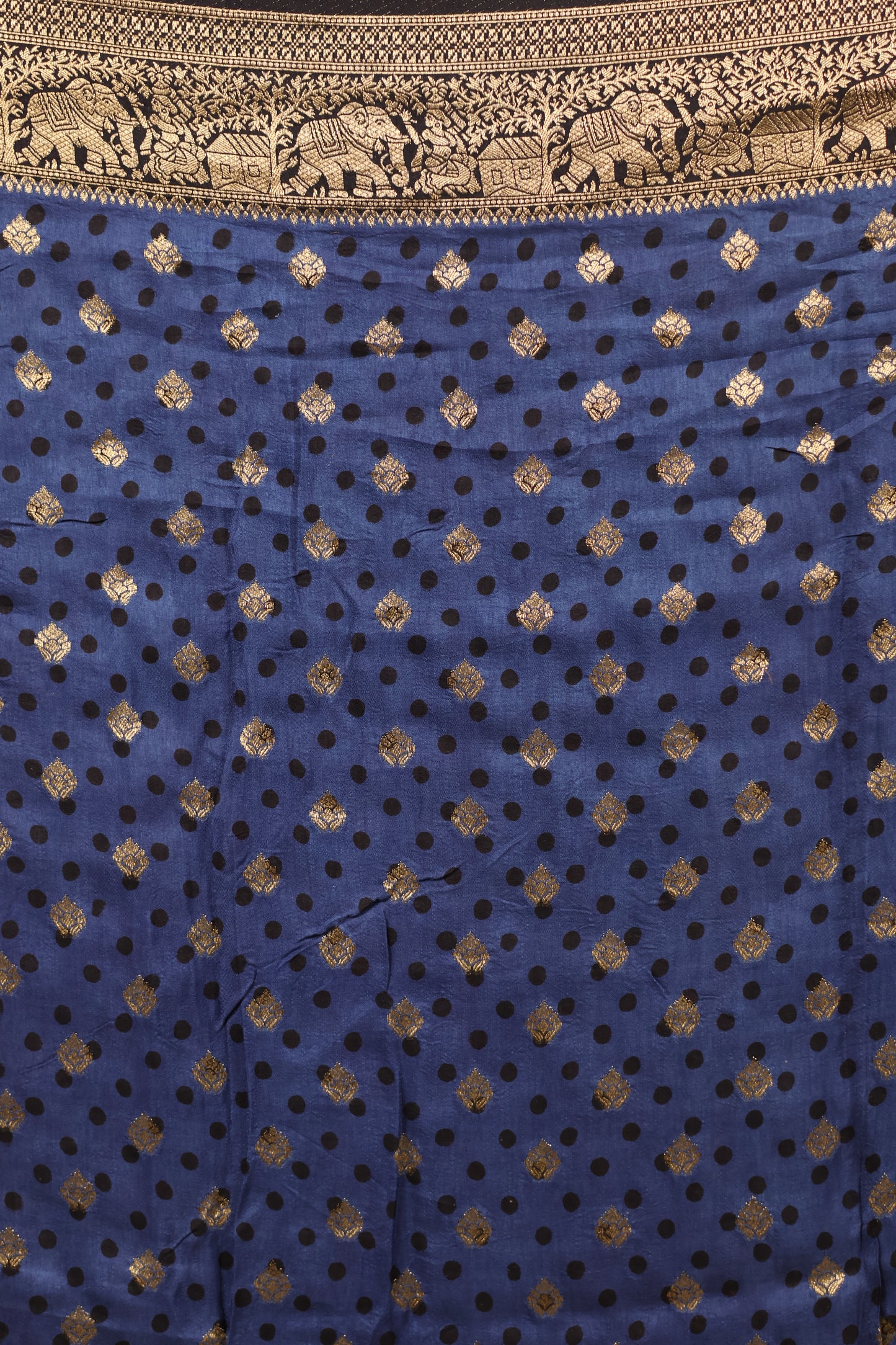 Indigo Ajrakh Handblock printed Dola Silk Saree | Looms & Tassels
