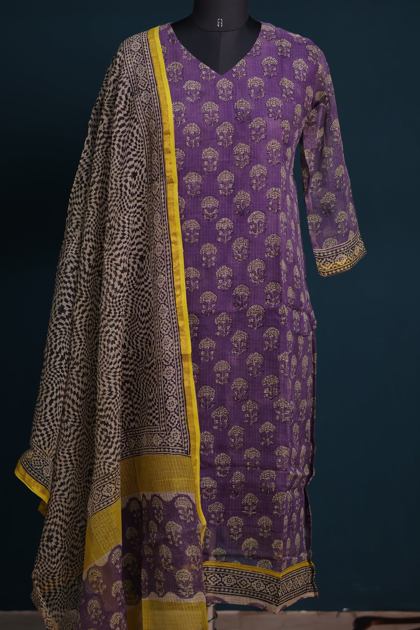 Handblock printed kota 3 piece suit (stitched)
