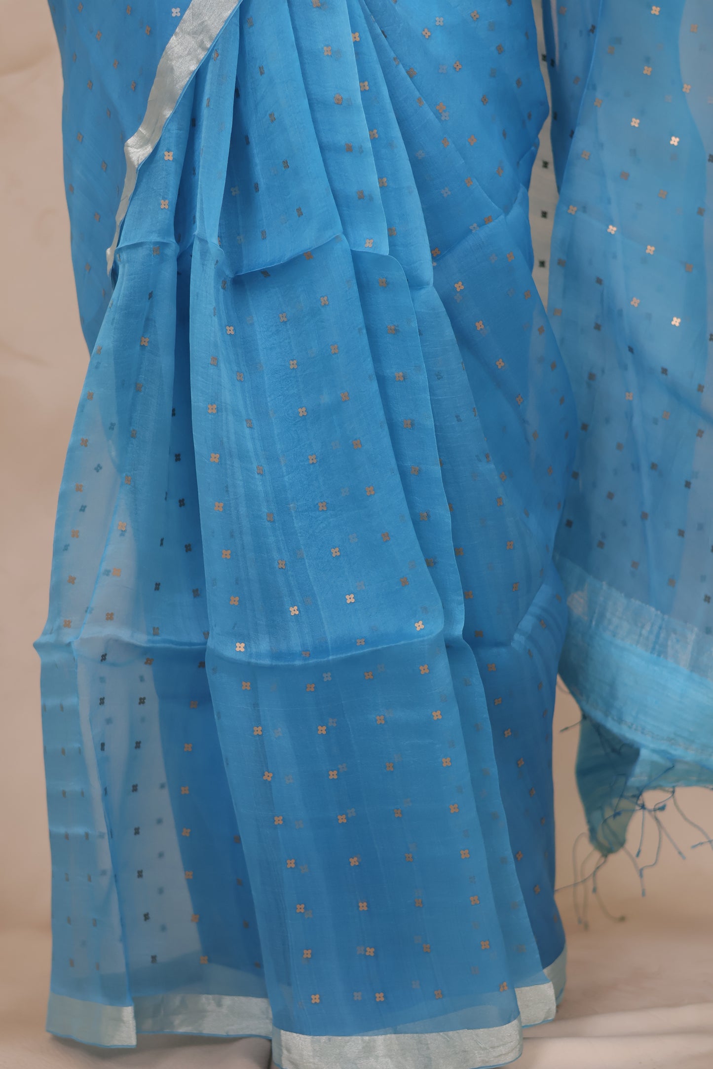Sky Blue Handwoven Muslin Silk Saree With Sequence Work | Looms & Tassels