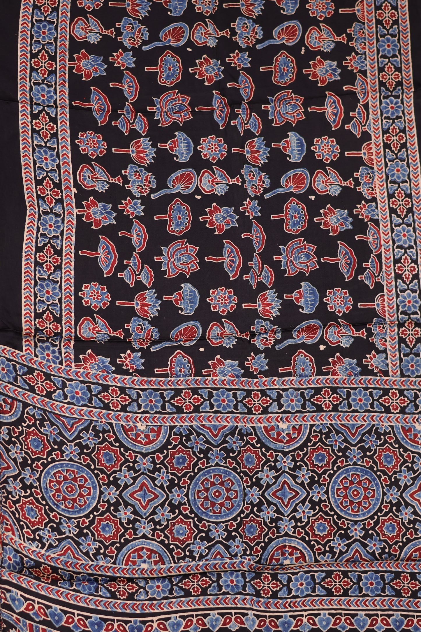 Black Ajrakh Hand Block Printed Modal Silk Stole | Looms & Tassels
