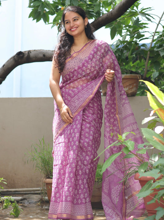 Lavender Bagru Hand block printed Kota Doriya Saree