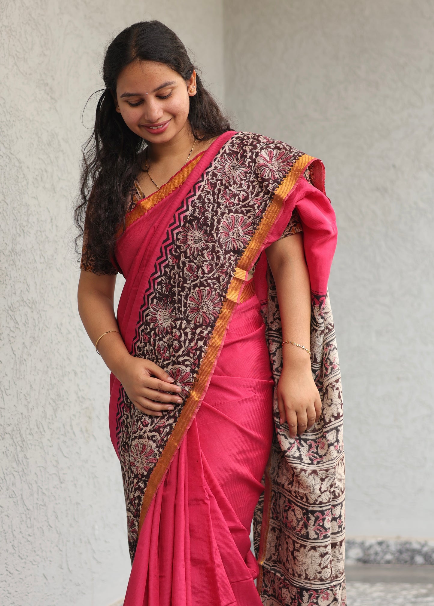 Pink Kalamkari dyeing premium chennur silk with hand block print saree