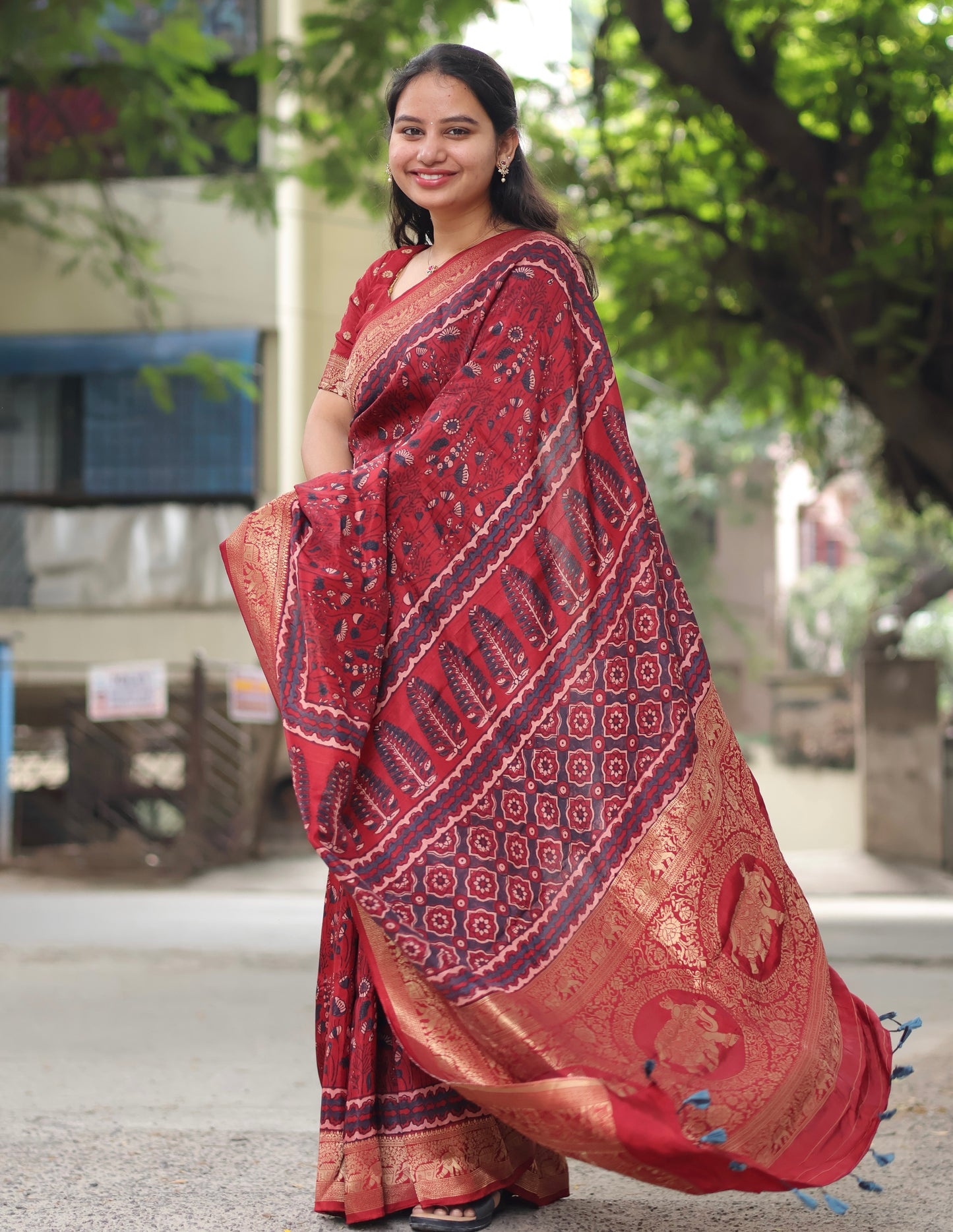 Maroon Ajrakh Dola Silk Saree