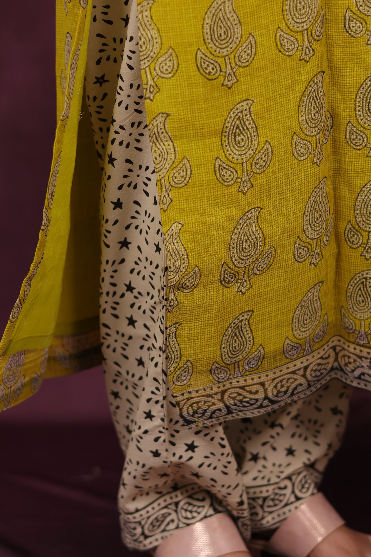 Yellow Handblock printed kota 3 piece suit (stitched)