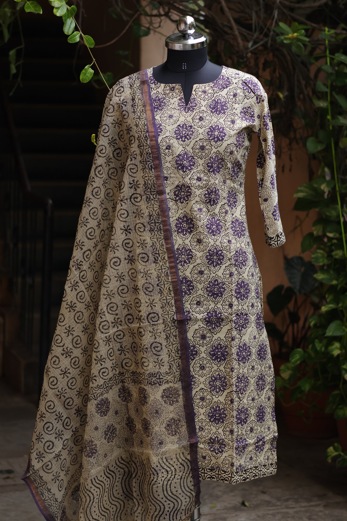 Cream Handblock printed Pure Mul Cotton with Kota Doria Duppata 3 piece suit (stitched)