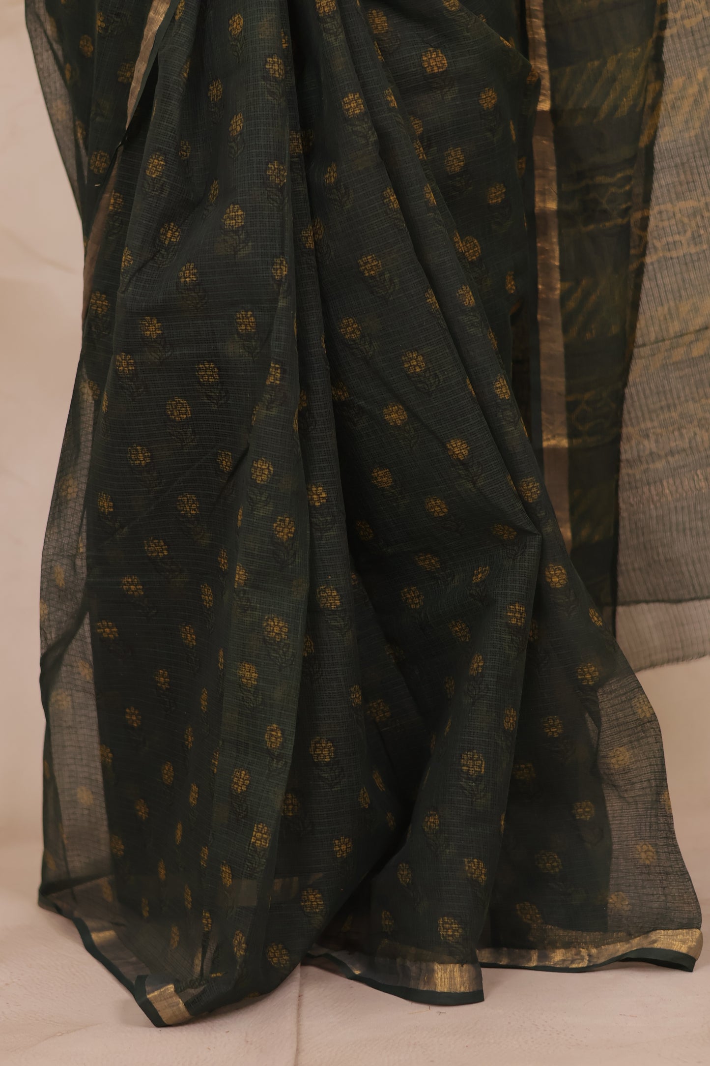Green Pure Kota Doria Saree with Bagru Handblock Prints | Looms & Tassels
