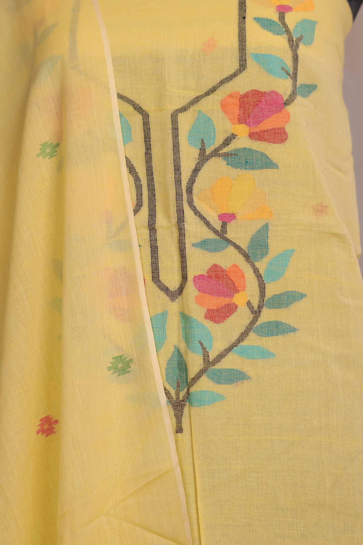 Yellow Handwoven Jamdhani weaving pure Malai cotton 2 piece suit sets | Looms & Tassels