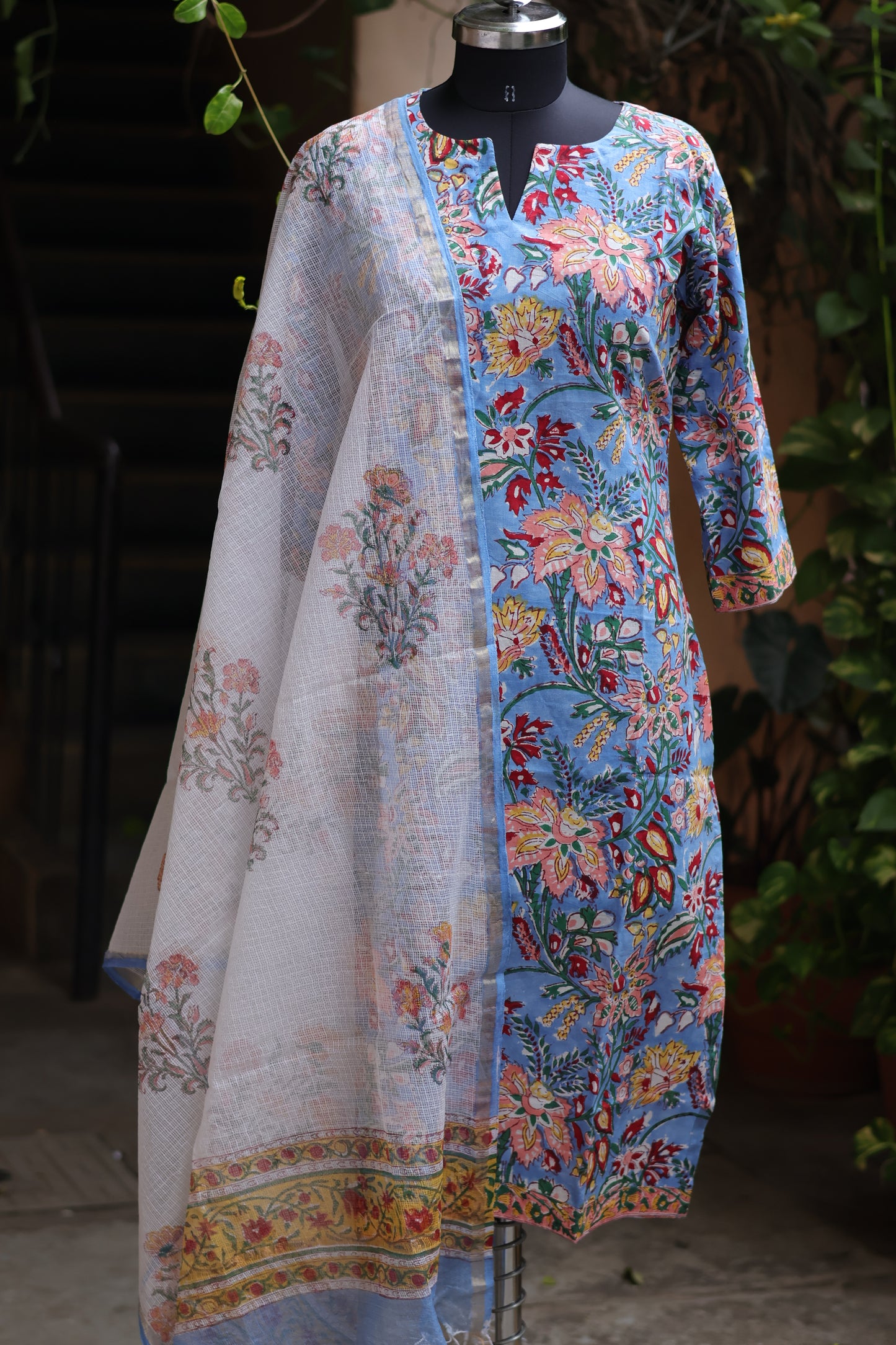 Blue Handblock printed Pure Mul Cotton with Kota Doria Duppata 3 piece suit (stitched)