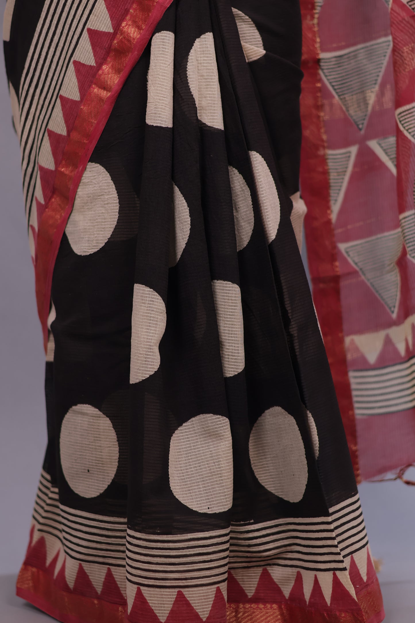 Black Bagru Hand Block Printed Maheswari Silk Cotton Saree