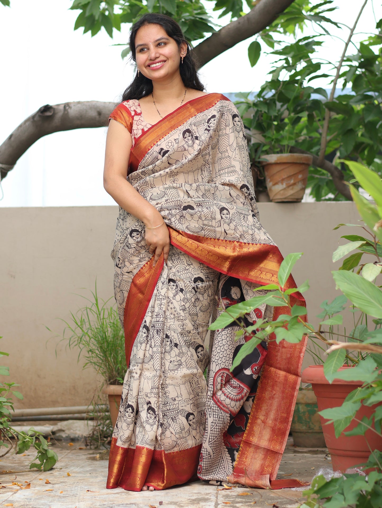 Cream Outline Kanchi border Kalamkari chennur silk saree