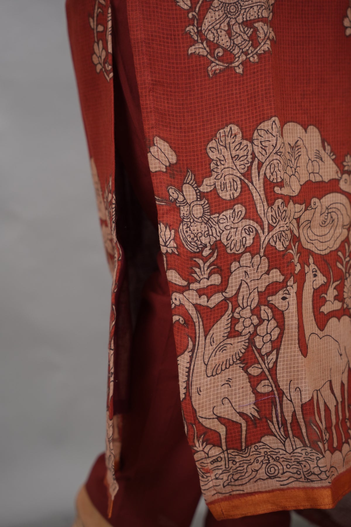 Maroon Kalamkari Kota Cotton 3 piece suit (stitched) | Looms & Tassels