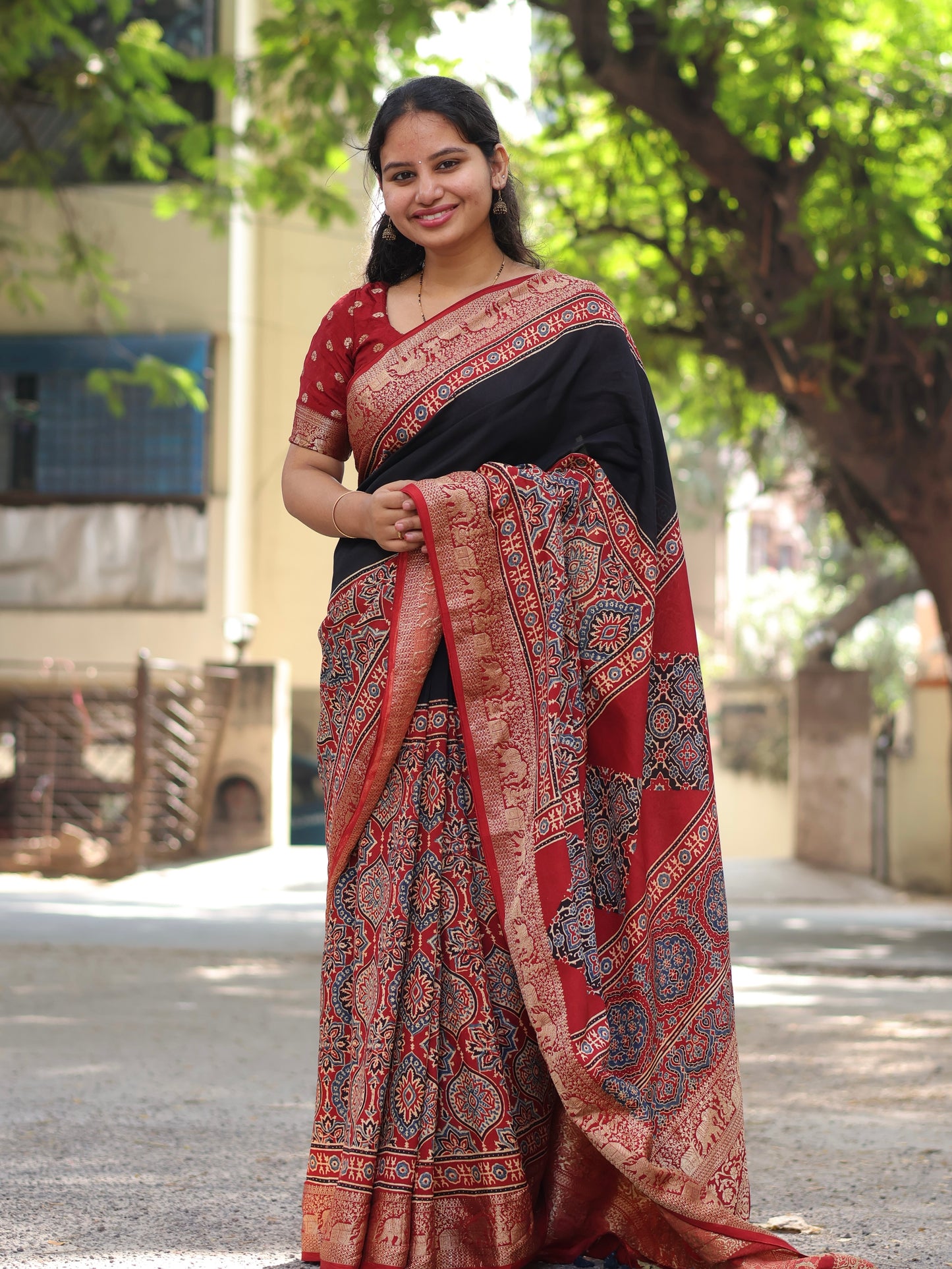 Black & Red Ajrakh Dola Silk Saree