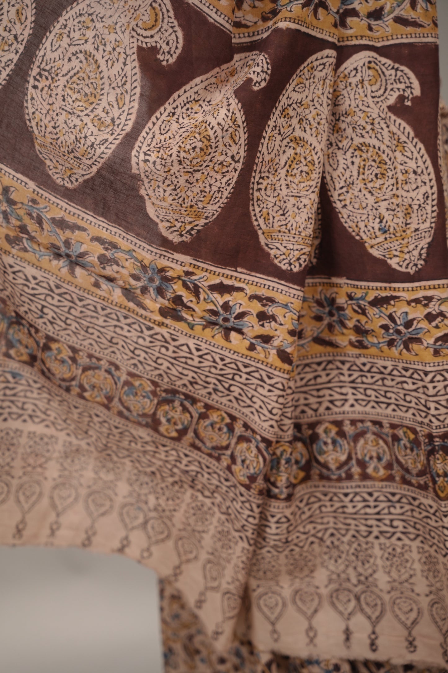 Cream Hand Block Printed Kalamkari Cotton Saree | Looms & Tassels