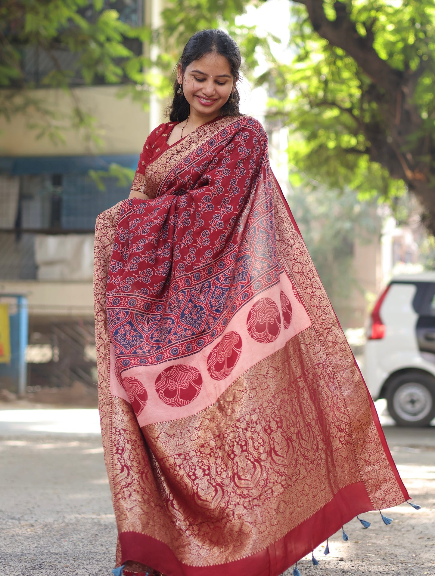 Maroon butta Ajrakh Dola Silk Saree