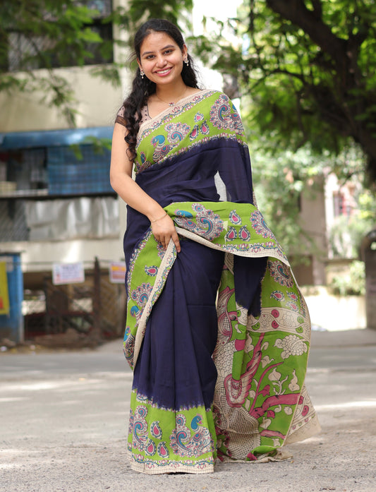 Blue & Green Kalamkari dyeing premium chennur silk saree