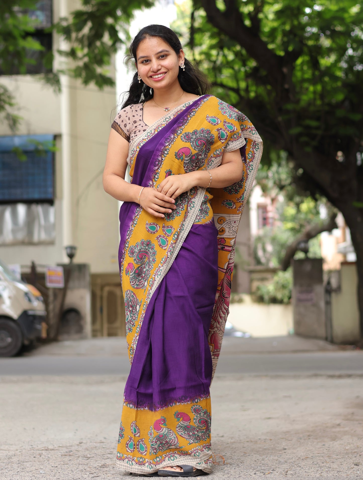 Violet & Yellow Kalamkari dyeing premium chennur silk saree