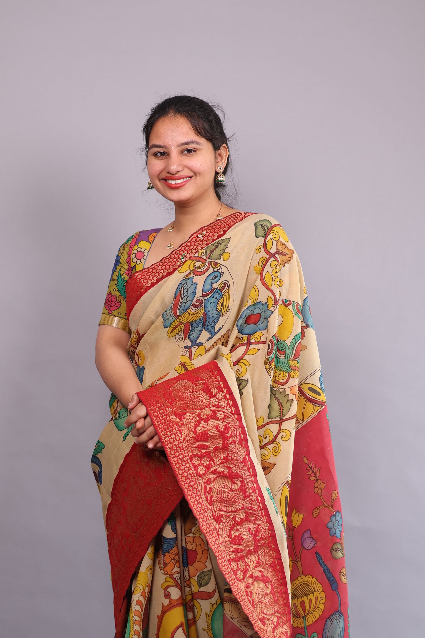 Cream Hand Painted Pen Kalamkari Silk Saree