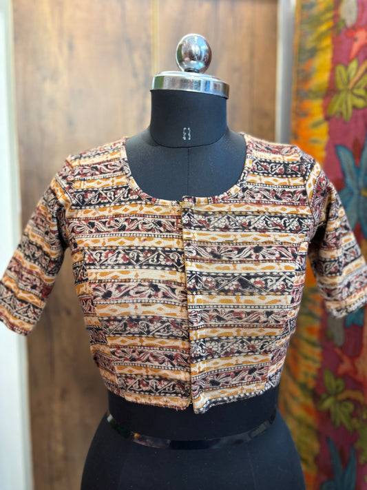 Round neck Stretchable Hand block printed kalamkari blouse with front hooks