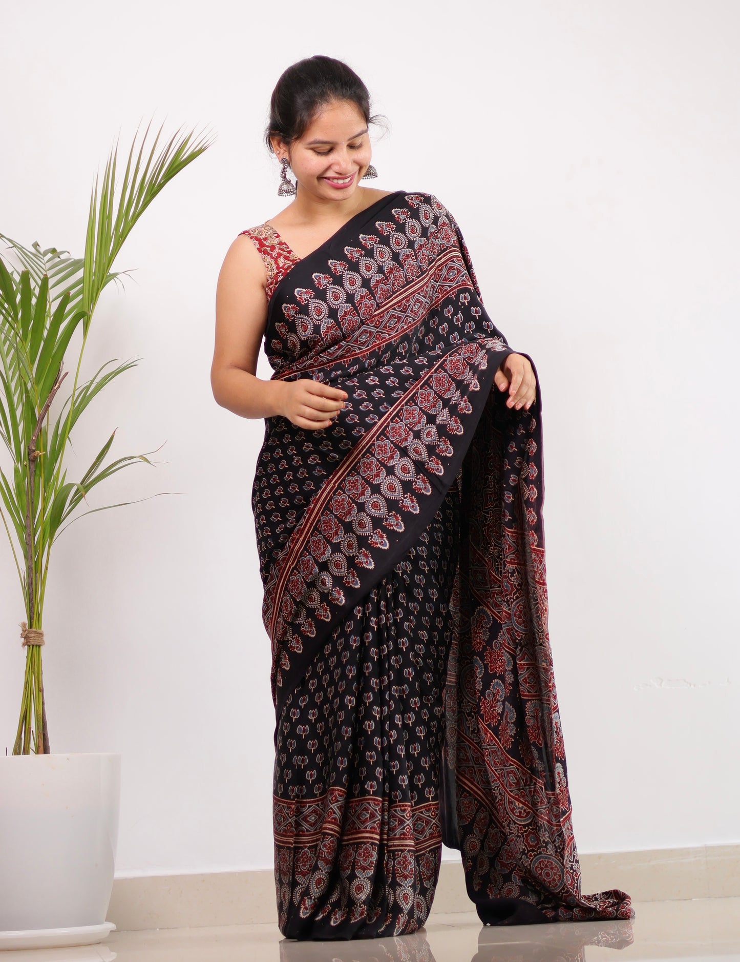 Black Ajrakh Modal Silk Saree