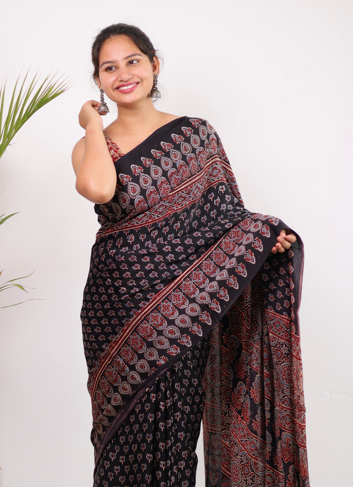Black Ajrakh Modal Silk Saree