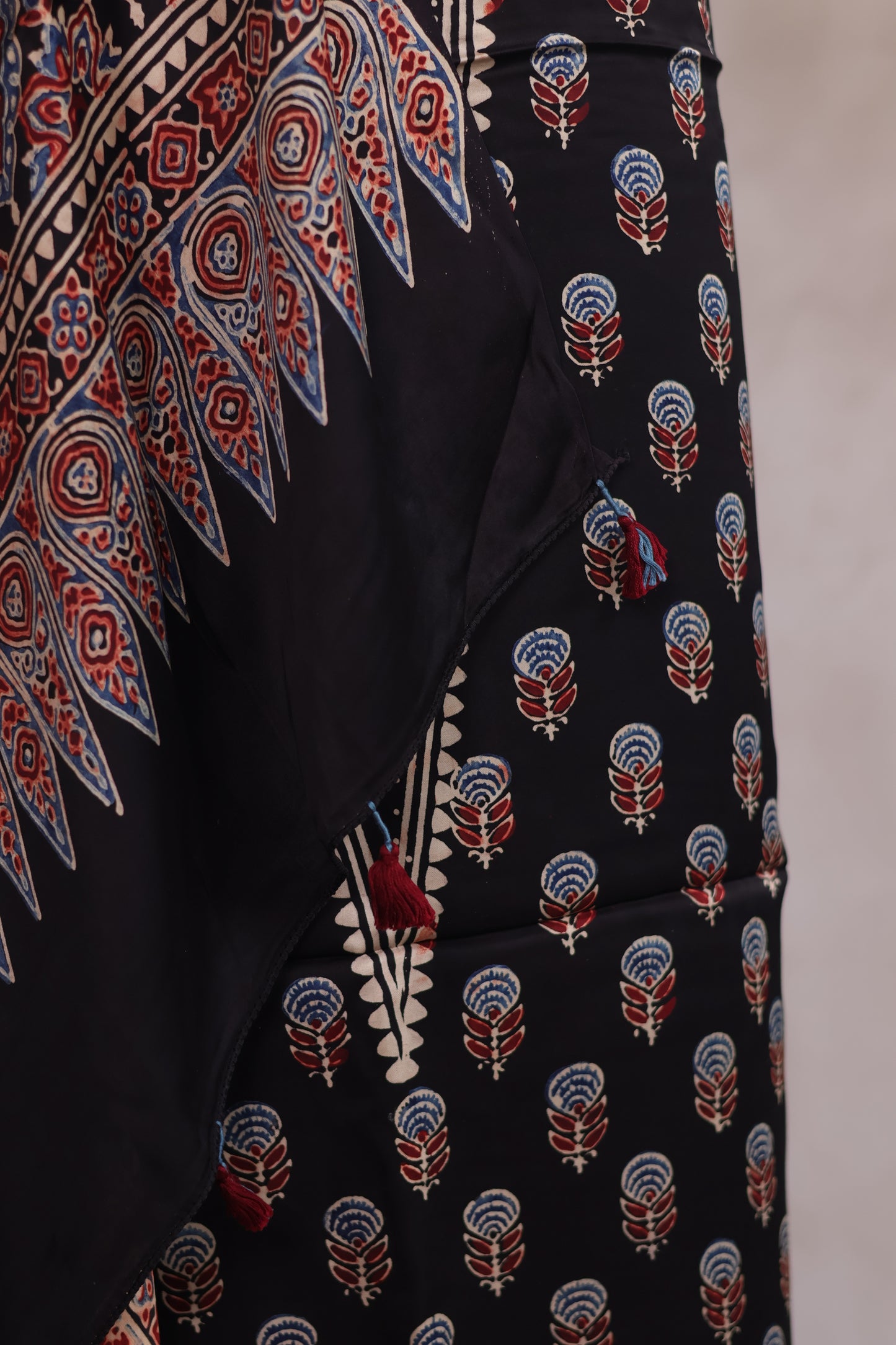 Black Floral Ajrakh Handblock Printed Modal Silk 2 Piece Suit Set | Looms & Tassels