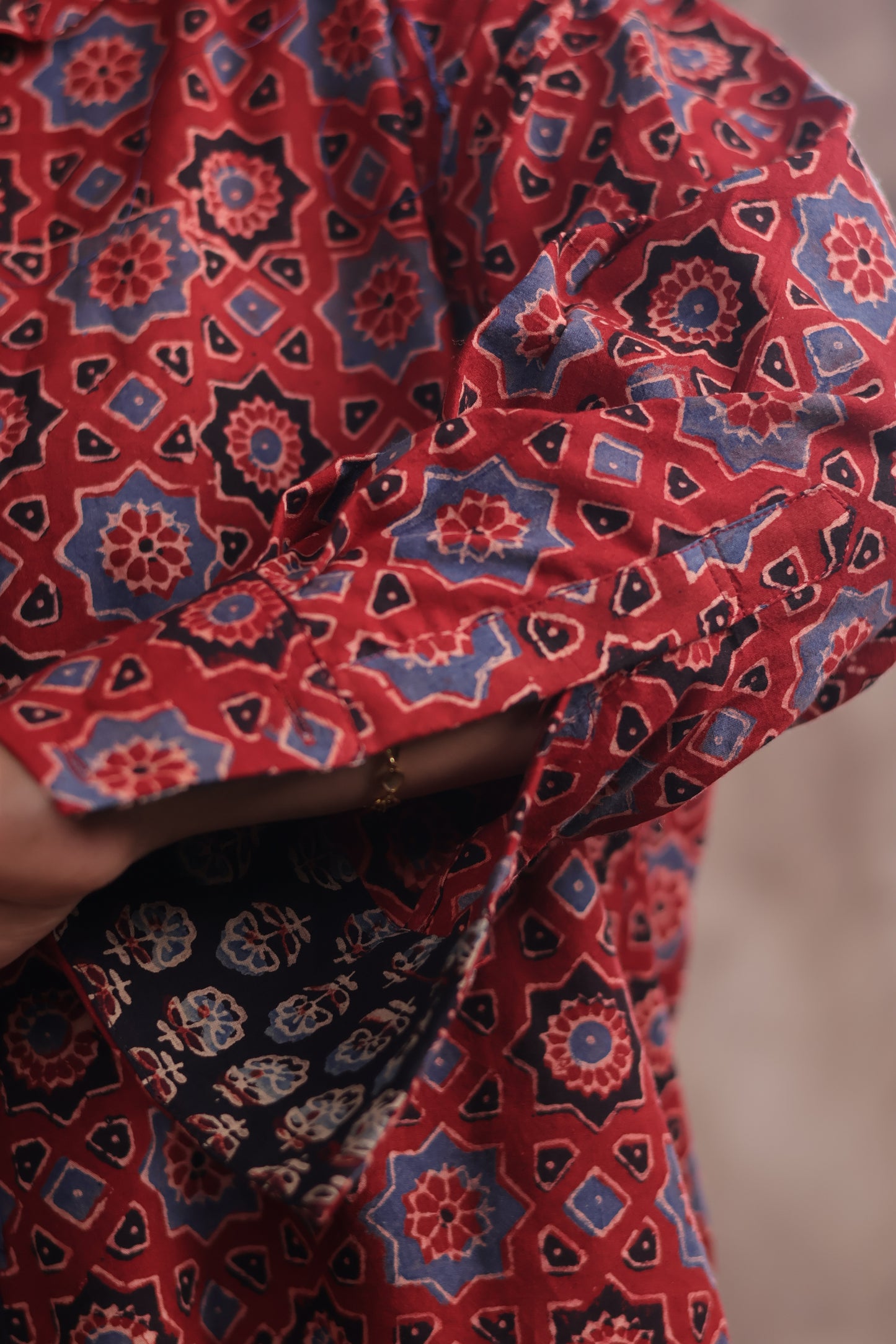 Red Ajrakh Handblock Printed Patch Work Shirt (Pure Cotton ) | Looms & Tassels