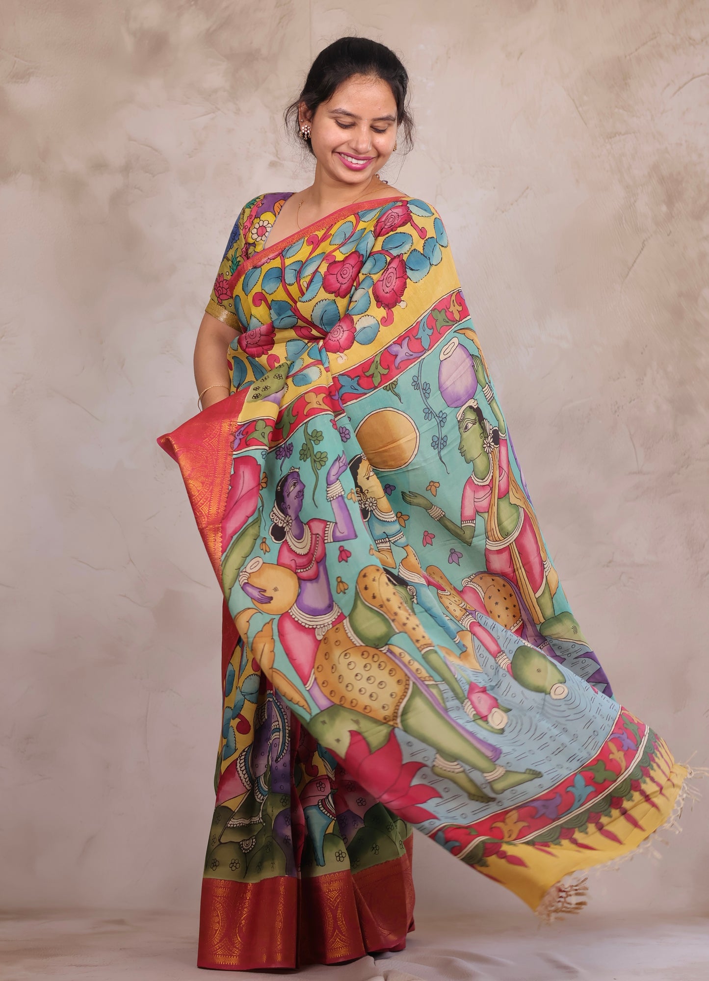 Hand Drawn Pen Kalamkari Yellow And Red's pink Bangalore Silk Kanchi Border Saree | Looms & Tassels