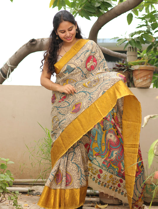 Cream Kanchi border Kalamkari chennur silk saree