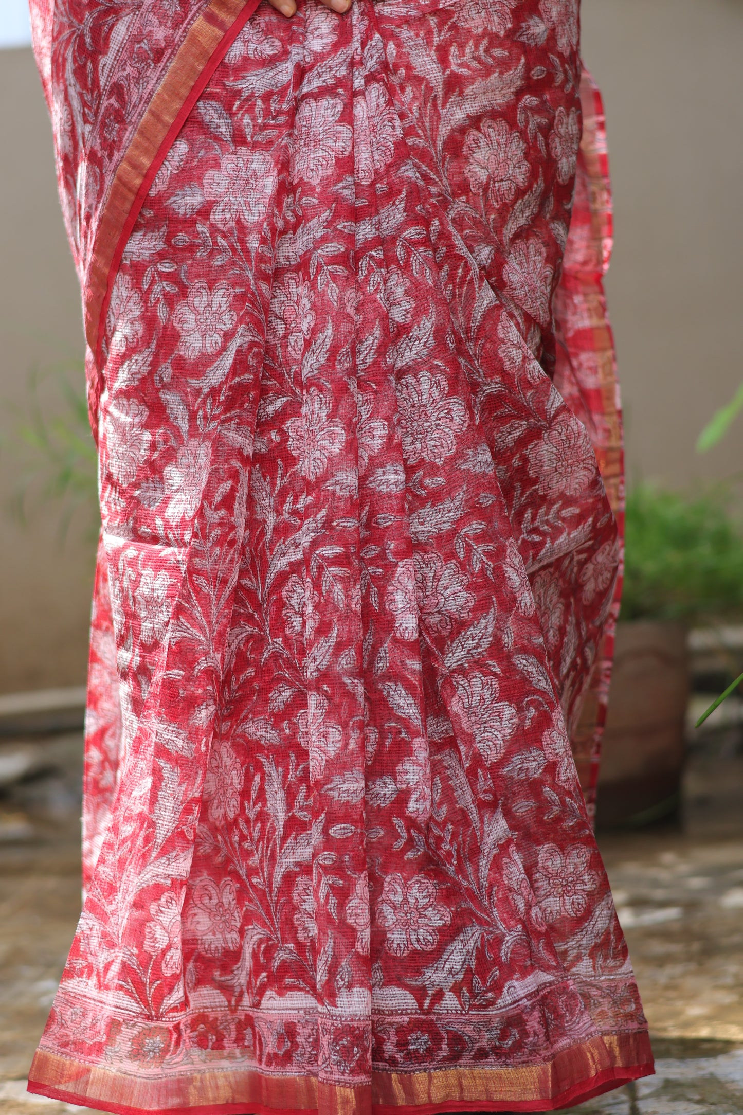 Red Bagru Hand block printed Kota Doriya Saree