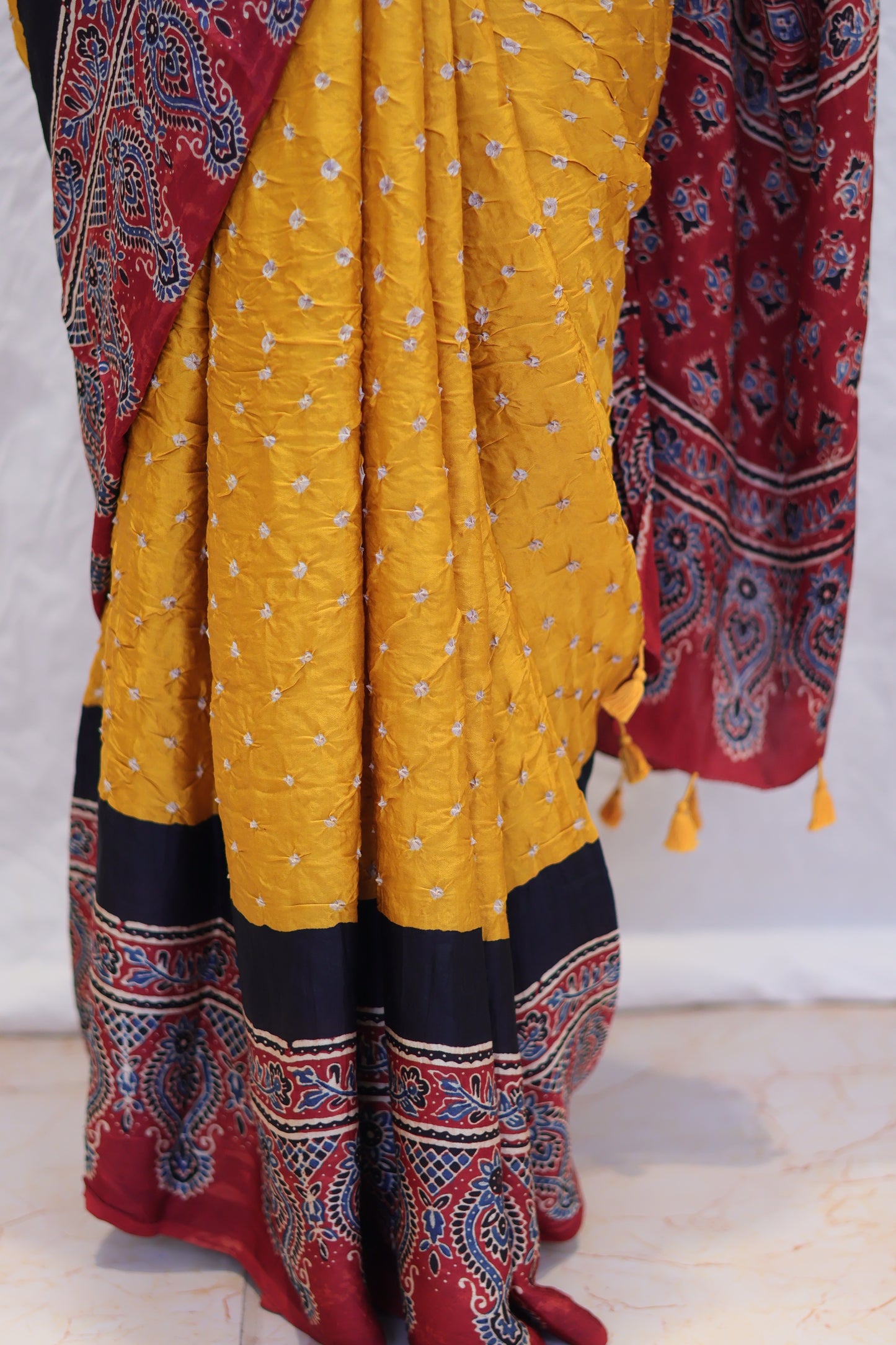 Yellow Ajrakh Bandhej Modal Silk
