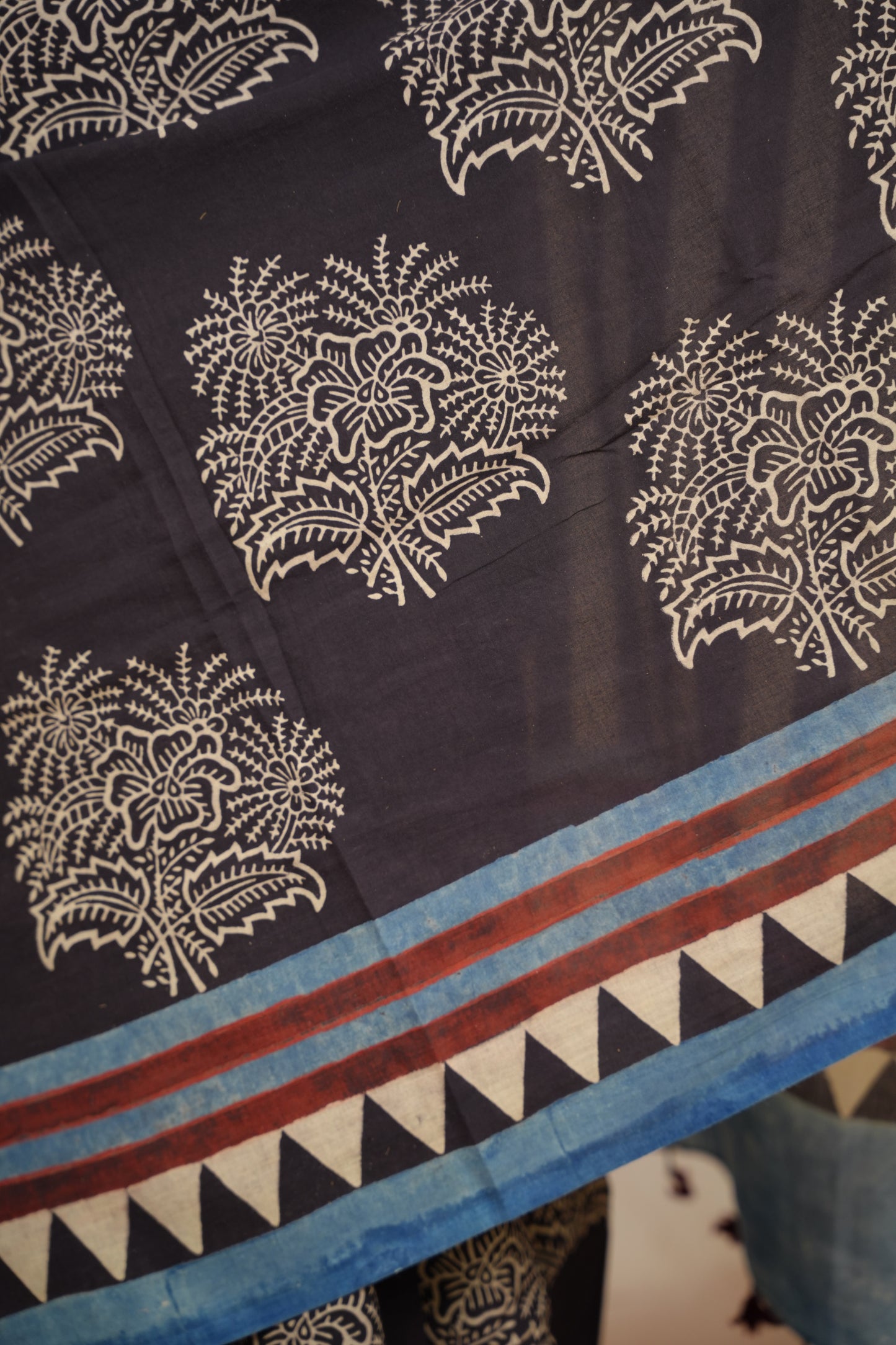 Black Ajrakh Hand Block Printed Cotton Saree | Looms & Tassels